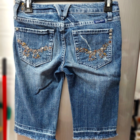 Miss Me • Denim Blue Jean Bling Rhinestone Embellished Bermuda Shorts Raw Hem 25